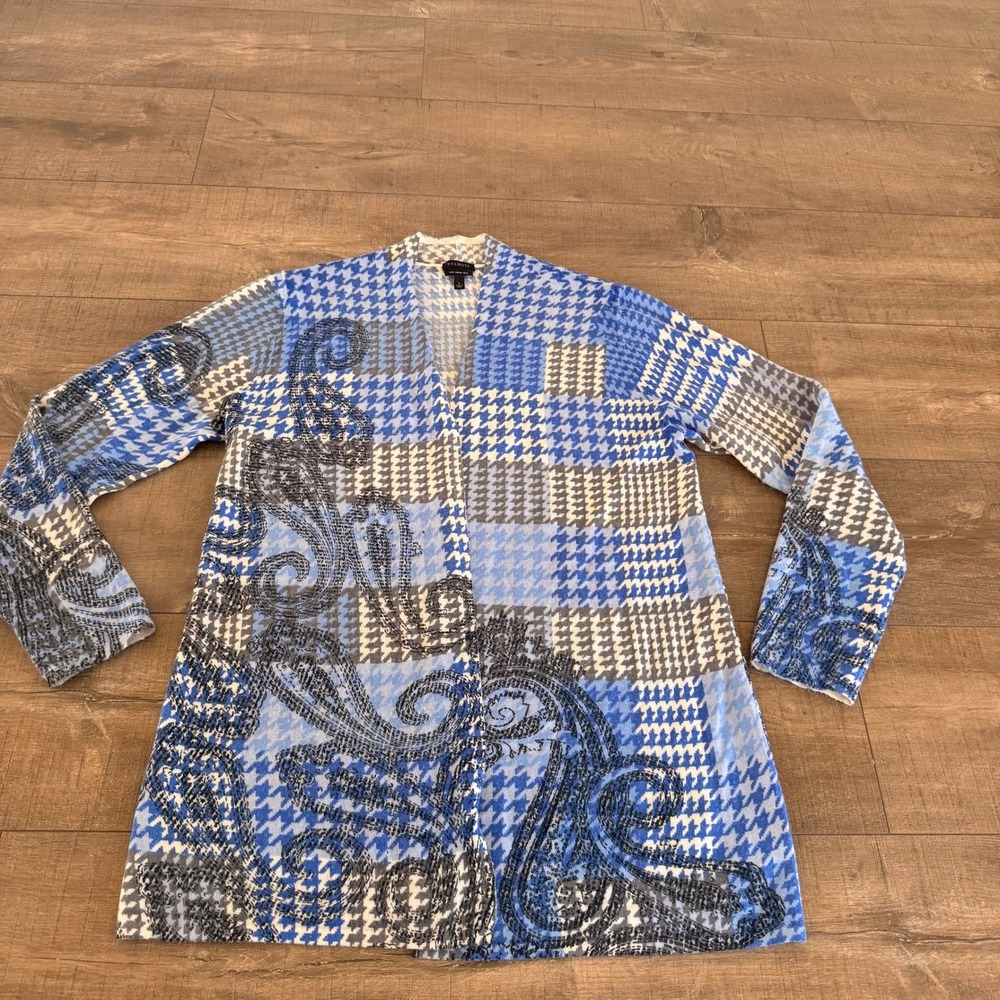 Talbots Cardigan Women Large Blue Fair Merino Wool Houndstooth Paisley OpenFront